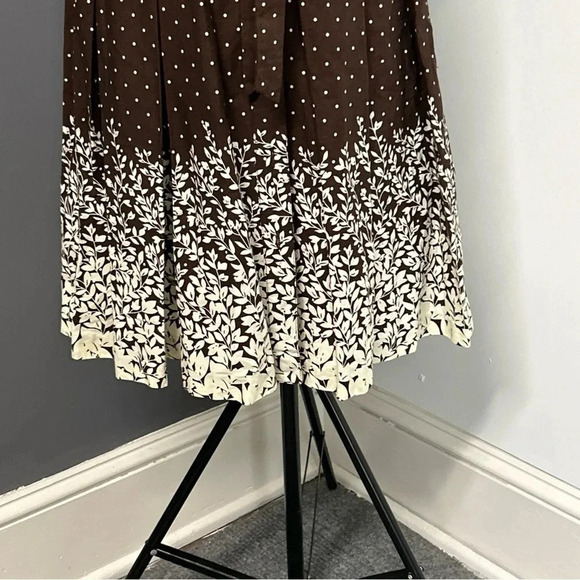 Women 8P Brown Polka Dot Floral Dress Pleated‎ Tie Sash Classic Dainty Pin Up - Picture 4 of 16